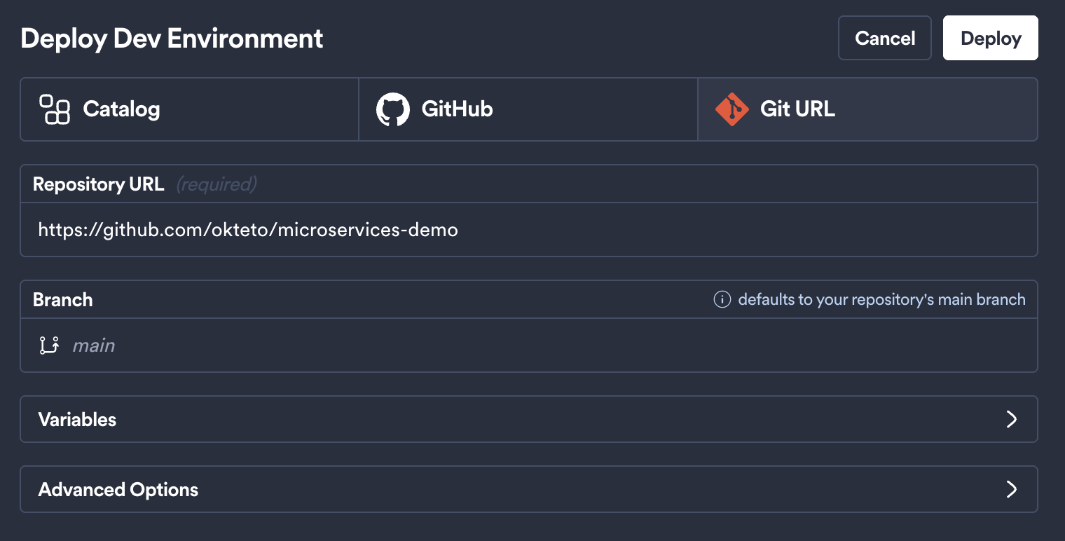 Deploy Dev Environment dialog with GitHub source selected and a repository URL entered