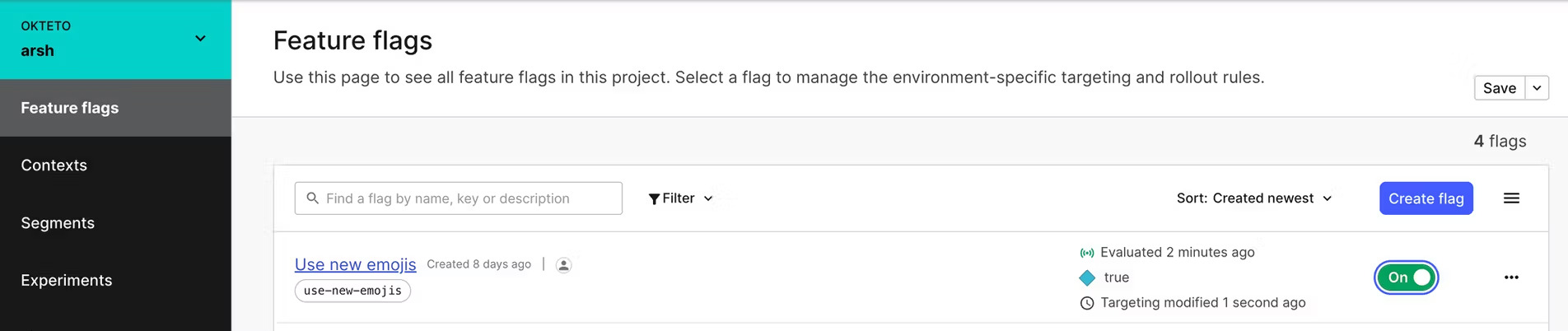 LaunchDarkly Feature flags dashboard showing the Use new emojis flag toggled on