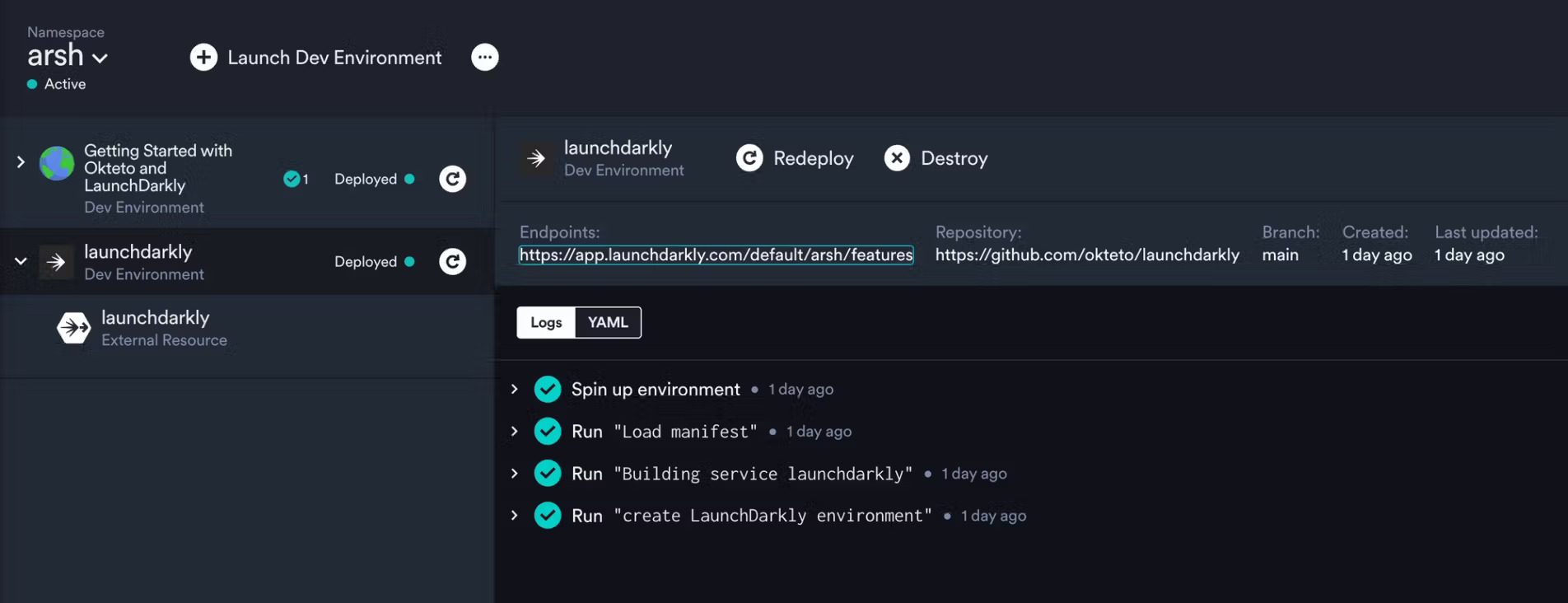 Okteto dashboard showing deployed LaunchDarkly dev environments with endpoints, repository link, and deployment logs