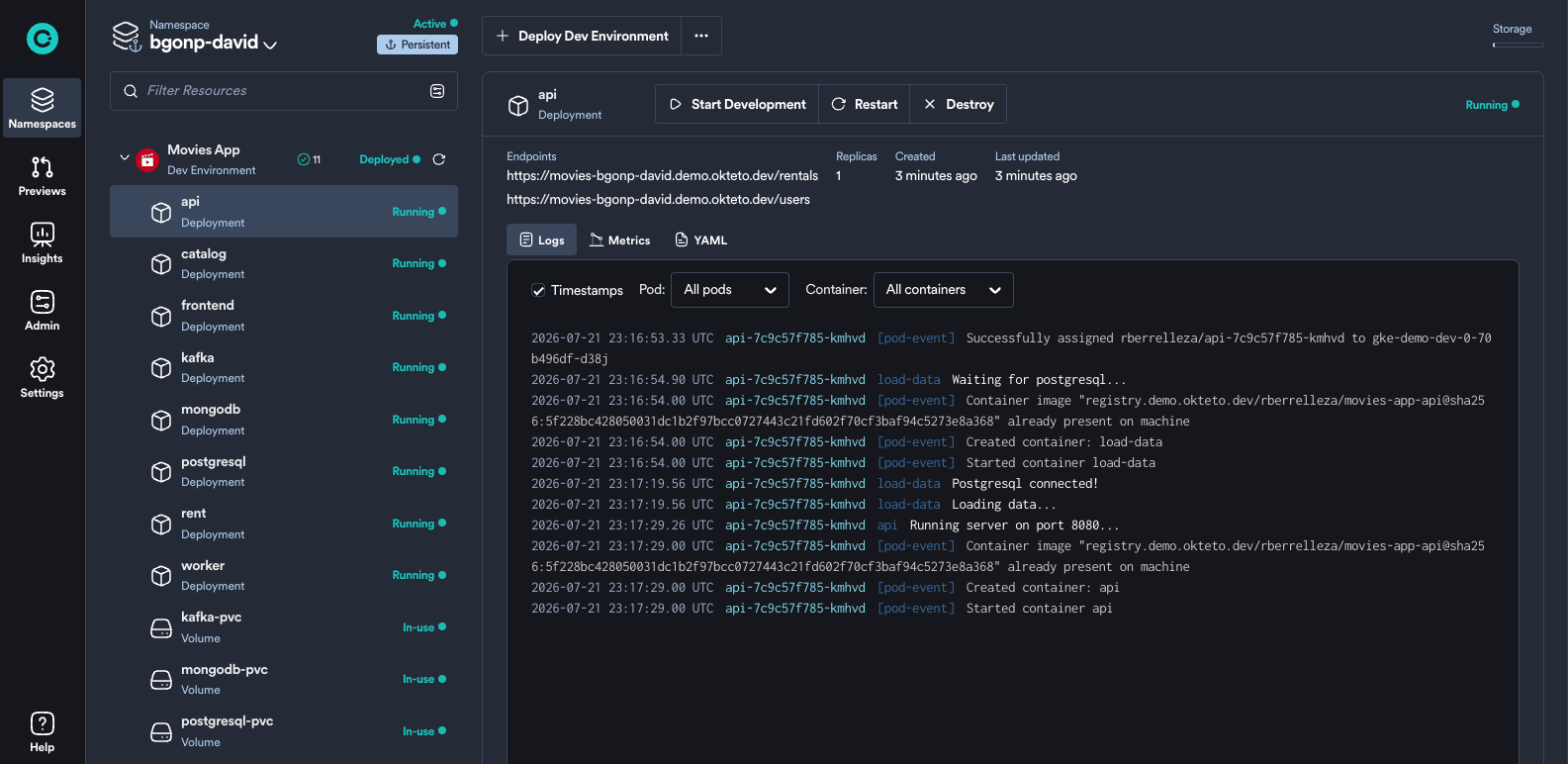 monitoring resources and streaming live logs for an environment in the Okteto dashboard