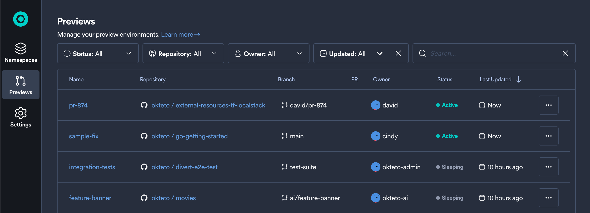 Previews list in the Okteto UI showing active and sleeping Preview Environments with repository, branch, and status columns