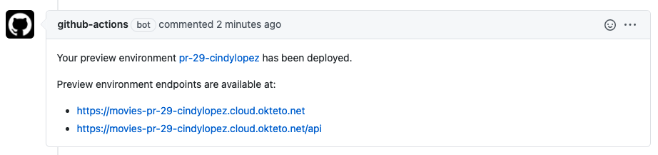 Pull request comment showing the preview environment URL