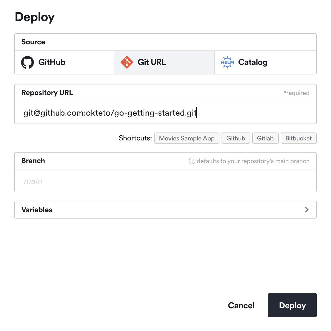 Deploy dialog with Git URL source selected and an SSH repository URL entered