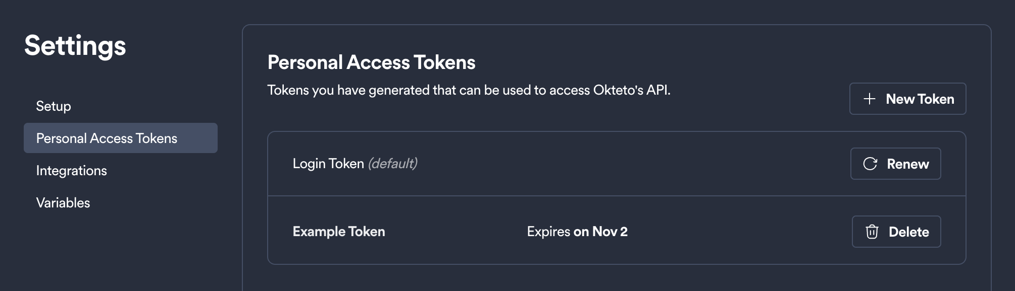 Personal Access Tokens settings page listing tokens with Renew and Delete actions