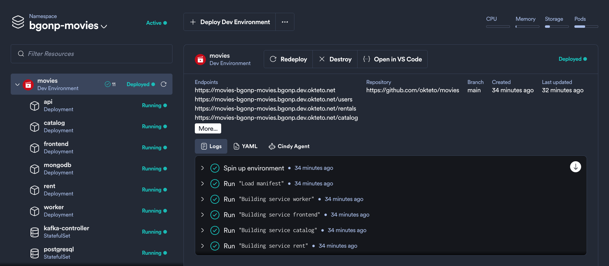 Okteto UI showing the deployed Movies app with its components and endpoints