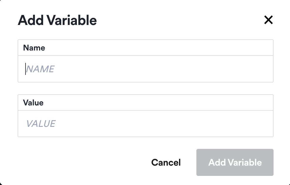 Add Variable dialog with Name and Value input fields