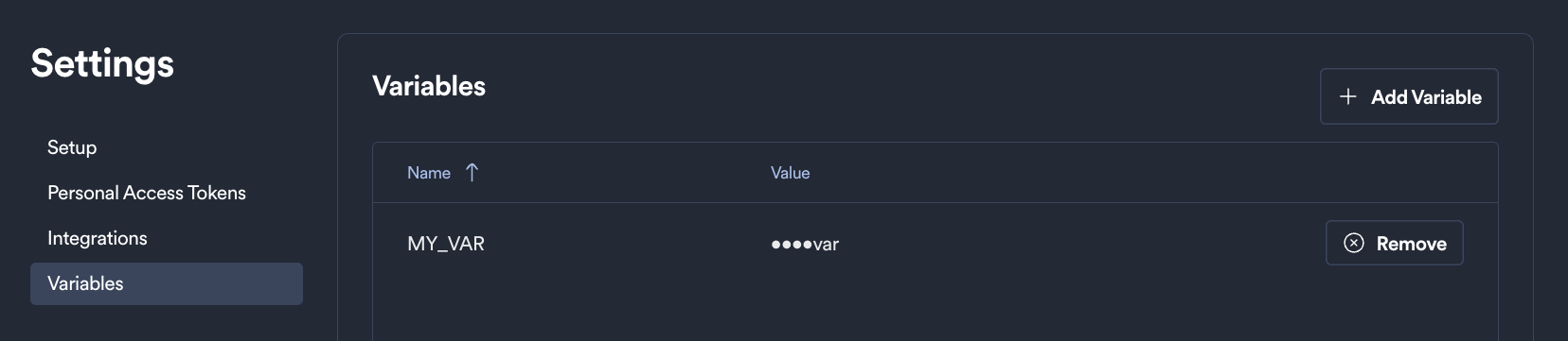 Settings page with the Variables tab selected, showing a user variable with a masked value and a Remove button
